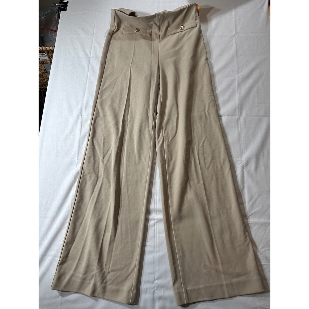 LOFT Tan Beige Wide Leg Sailor Pants Gold Crest Button High Waist Size 0